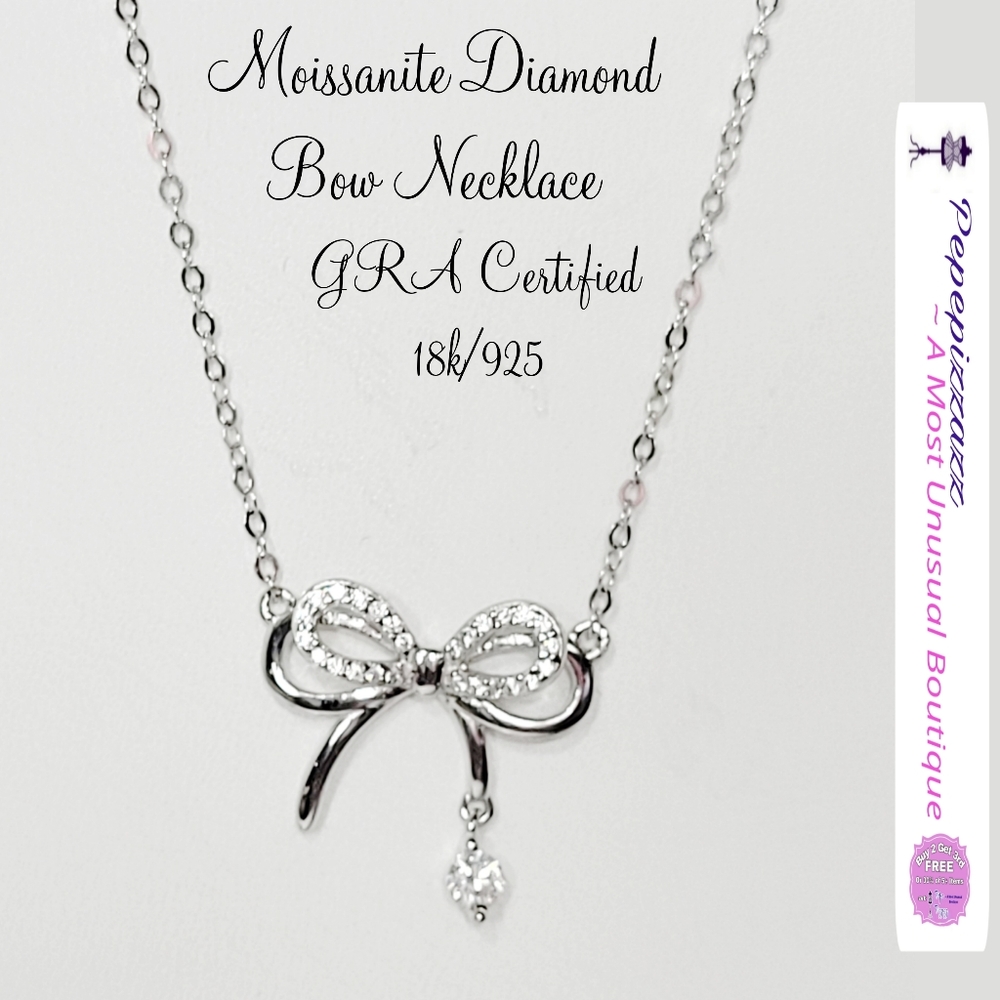 💎CERTIFIED MOISSONITE Diamond Inlay Bow Necklace 18kg/925 sterling silver GRA